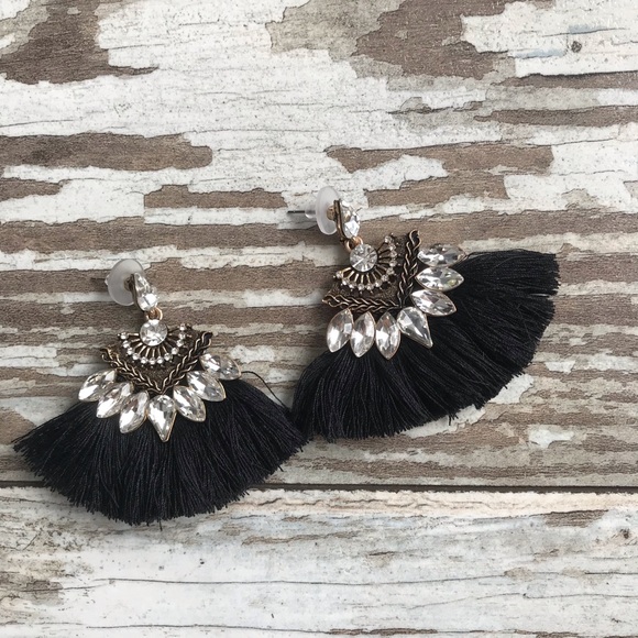 NWOT Jeweled Black Tassel Earrings - Picture 6 of 7